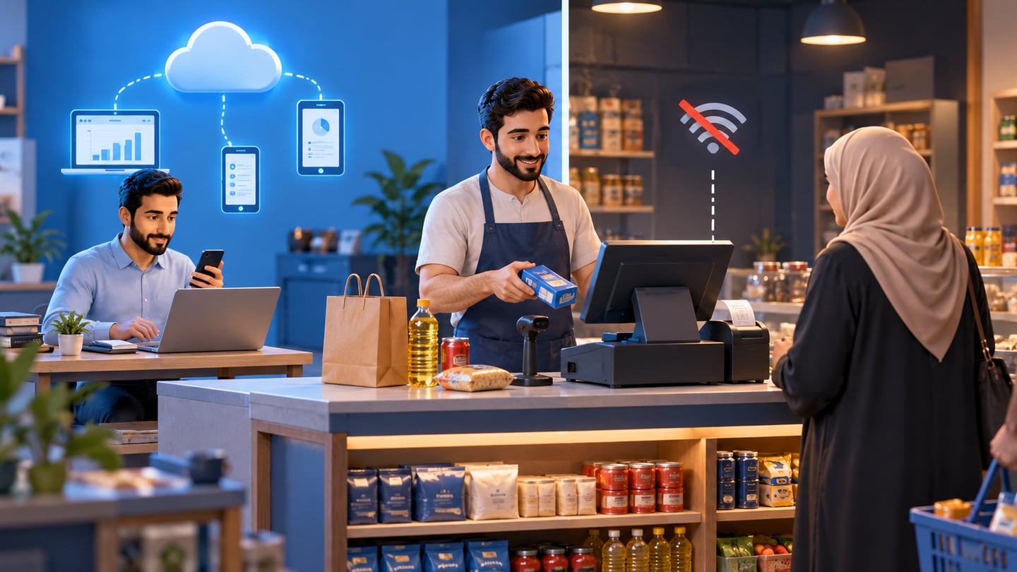 3D illustration of cloud accounting vs offline-ready cashier workflows for Arabic Accounting Software in Iraq: Practical Buyer Guide