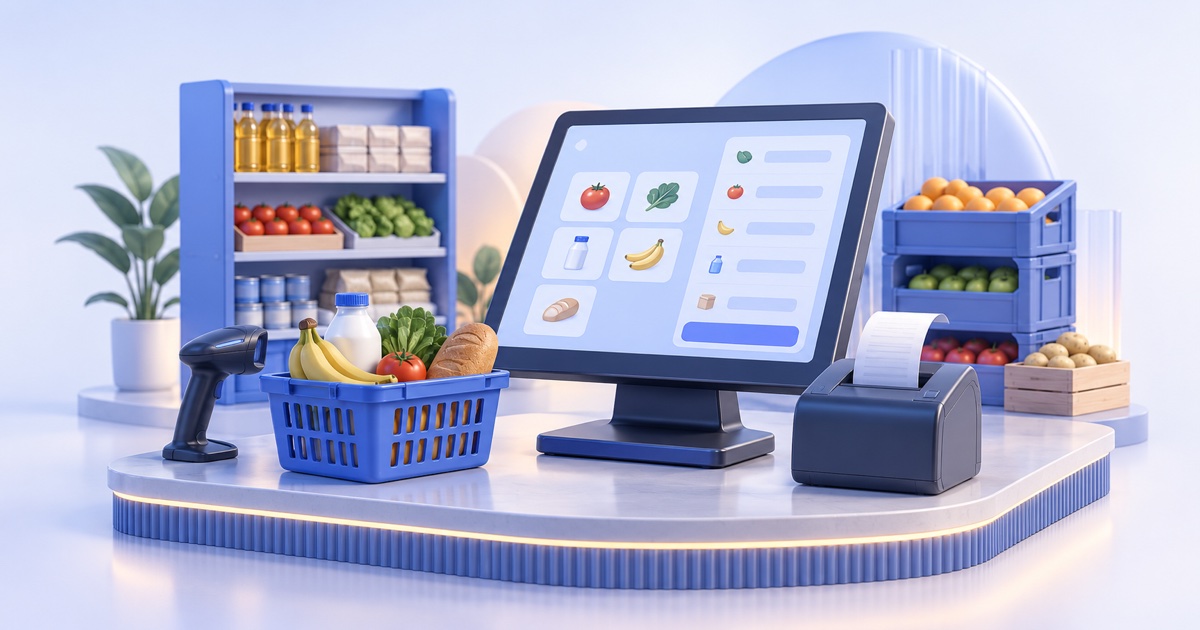 3D illustration of Arabic-first cashier terminal with right-to-left abstract interface, receipt printer and grocery stock