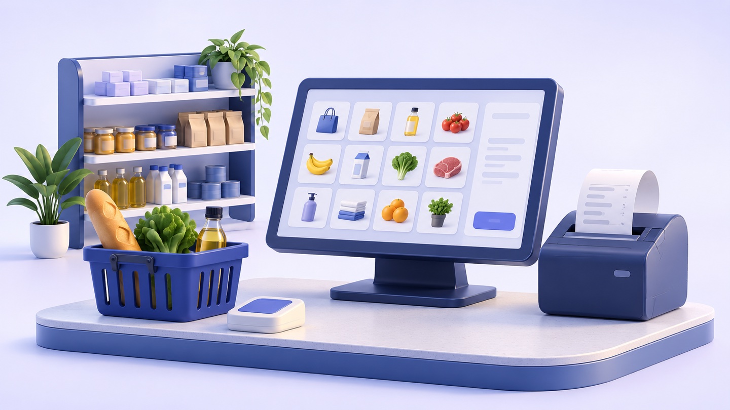 3D illustration of cashier screen with right-to-left product tiles beside Arabic-ready receipt printer and shelf