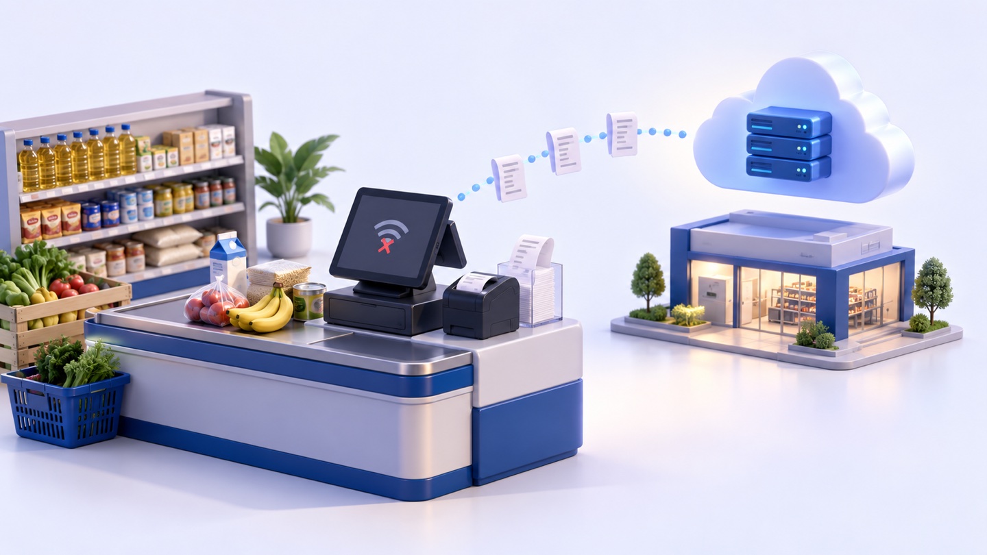 3D illustration of offline POS continuing grocery sales with pending receipts and later cloud sync