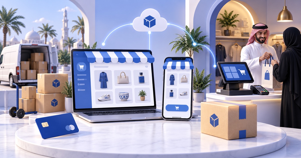 3D online storefront linked to physical POS, shared stock, payment and delivery