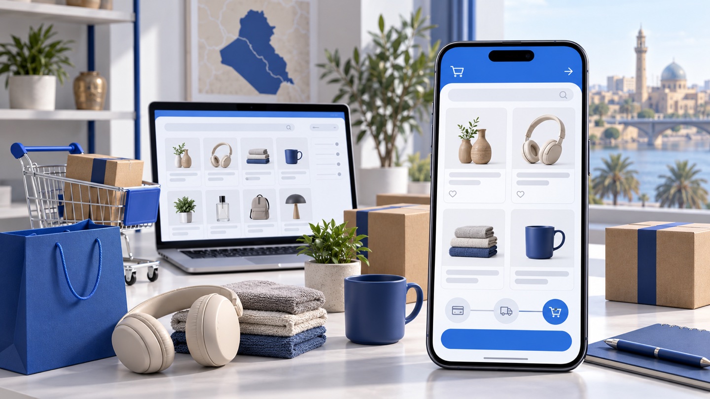 3D illustration of a mobile storefront beside a matching desktop product catalog