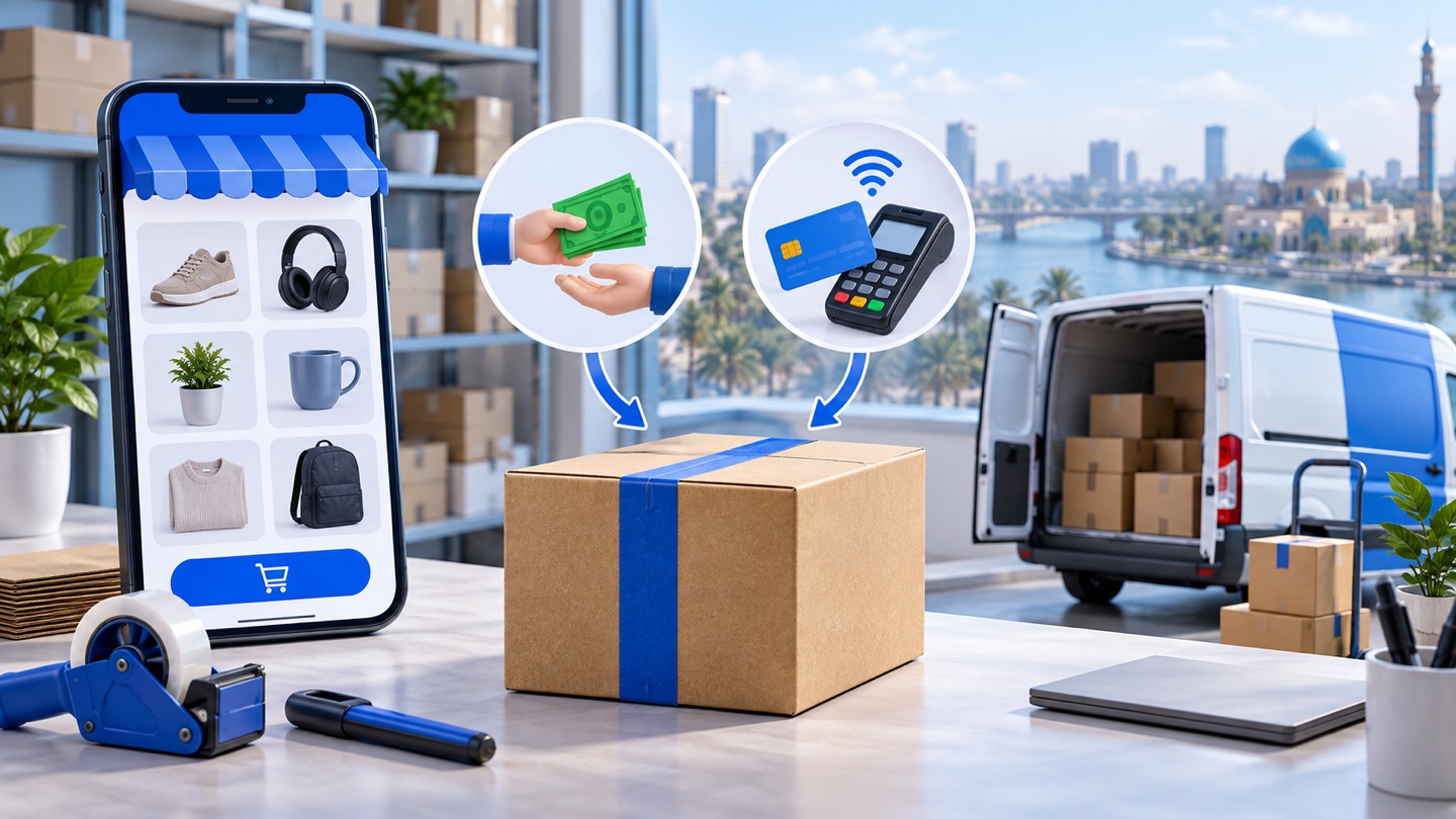 3D illustration of online payment choices leading to packing and courier delivery