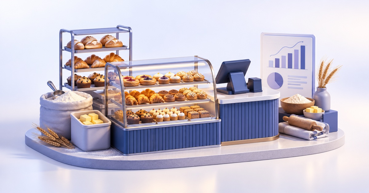 3D illustration of miniature bakery counter with pastry display, POS terminal, flour and butter bins, and one simple production report