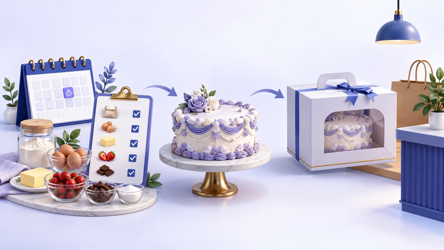 3D illustration of custom celebration cake order with calendar, ingredient checklist, protective box and pickup handoff