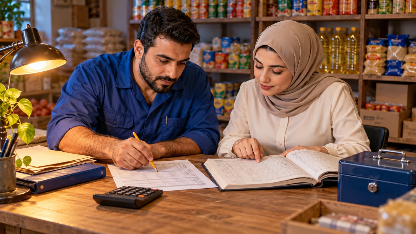 صاحب محل ومحاسبة يقارنان ورقة مالية بدفتر حسابات ومستندات موردين