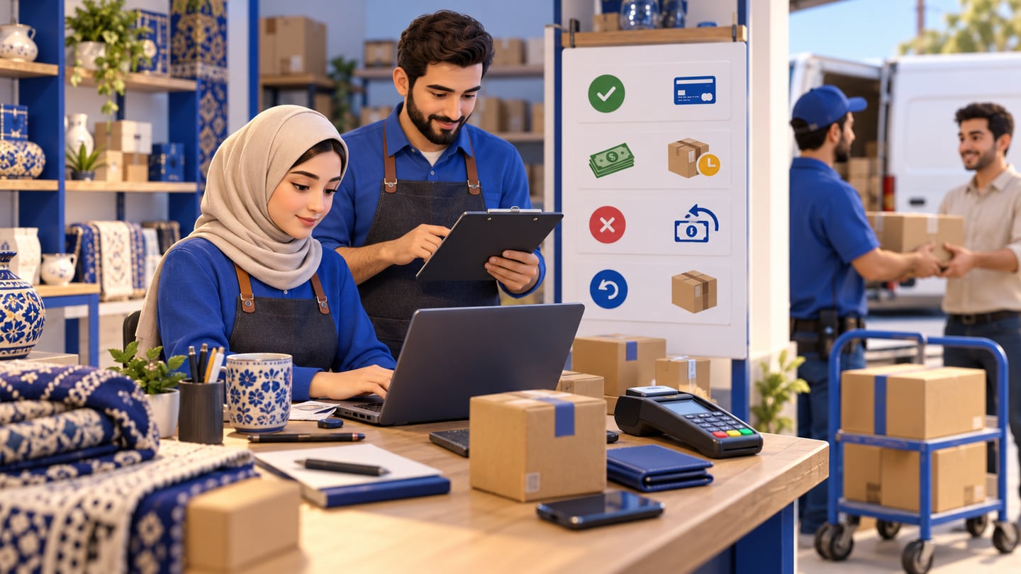 رسم ثلاثي الأبعاد يوضح الدفع والتوصيل في العراق يحتاجان تتبعًا عمليًا في أفضل متجر إلكتروني وبرنامج محاسبة في العراق: ماذا تقارن؟