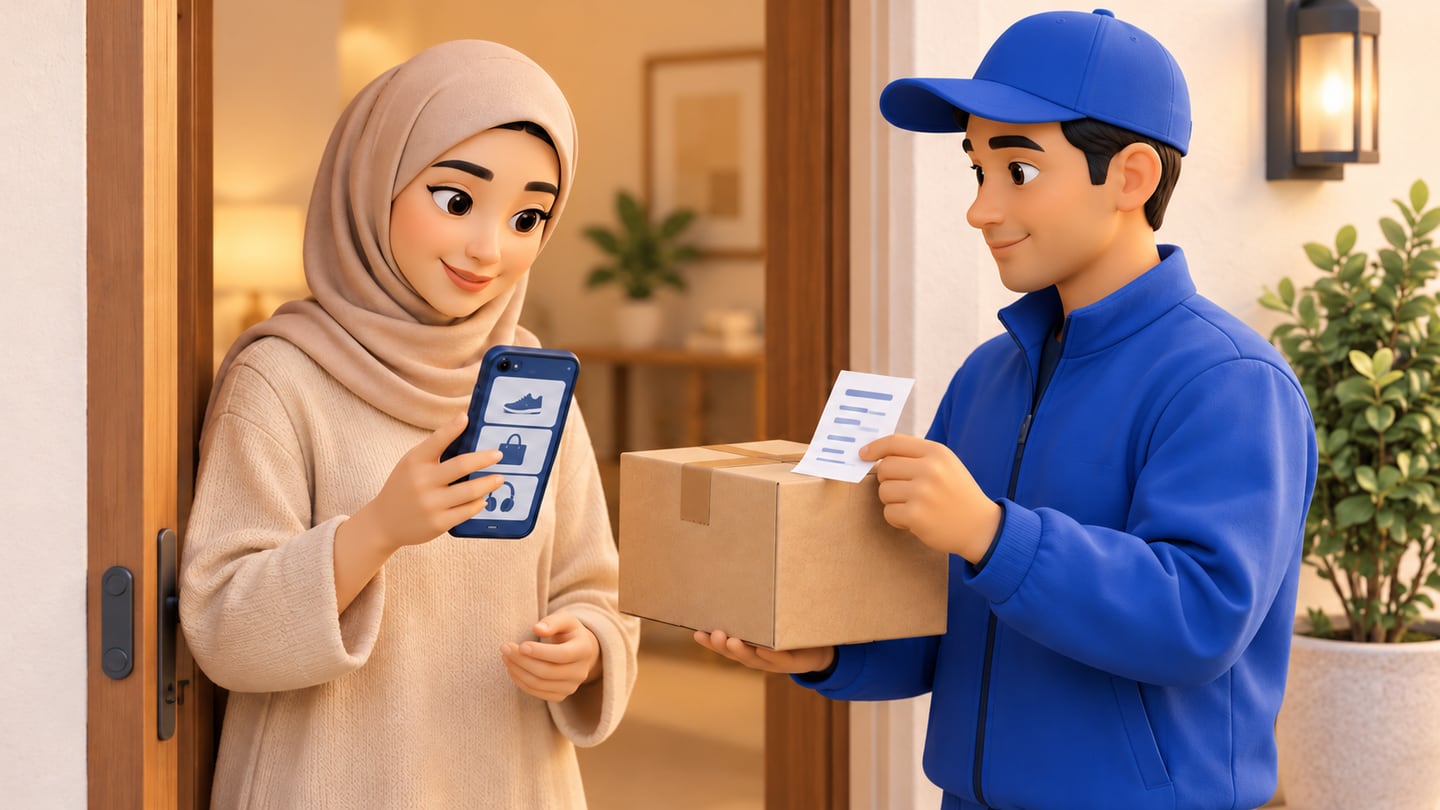 Customer checks her phone order while a courier presents a sealed parcel and receipt