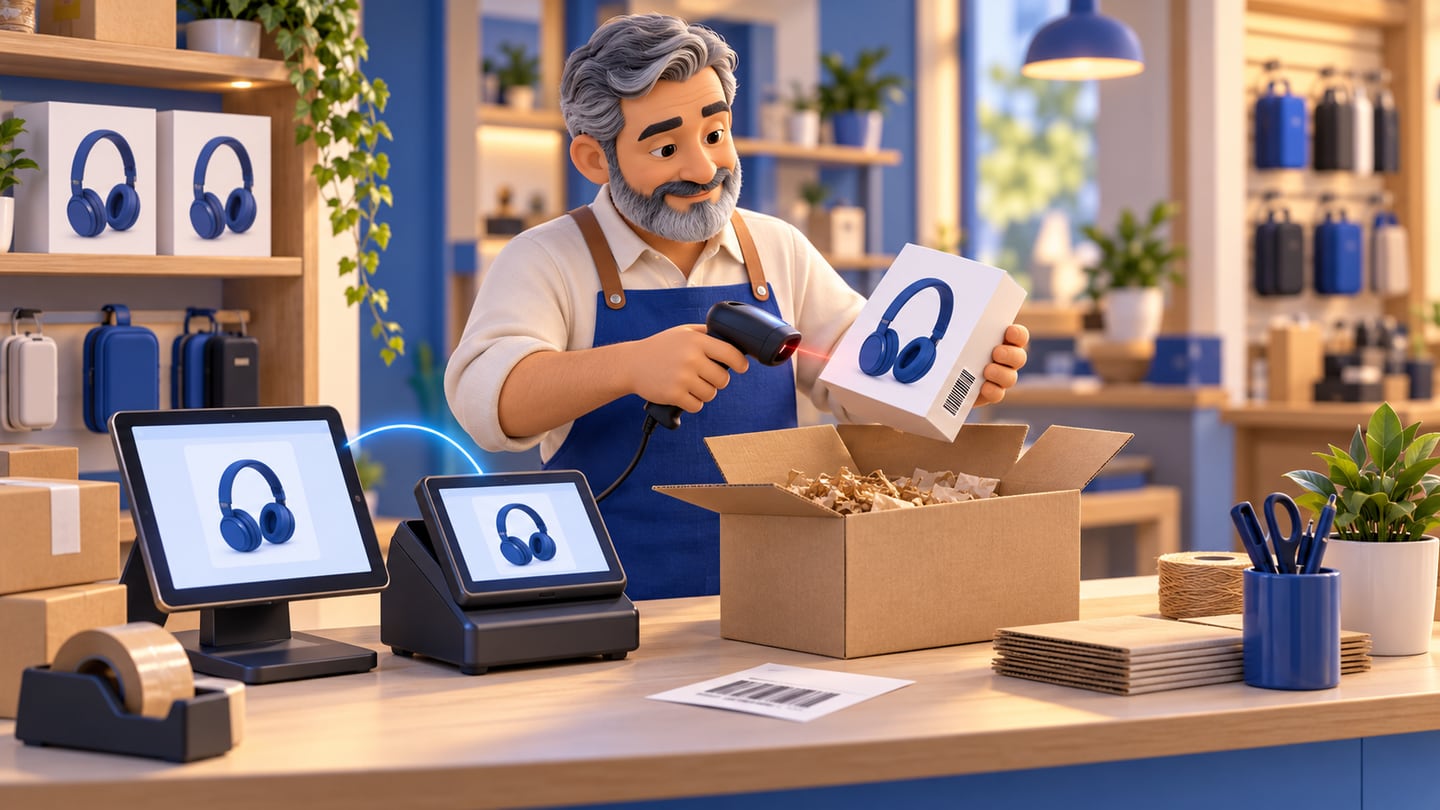 Shopkeeper scans a headphones box beside a POS terminal and tablet before packing an online order