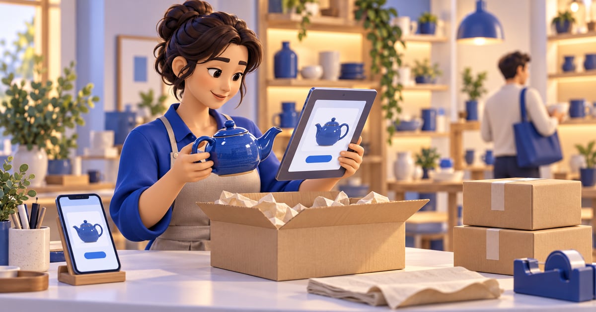 Shop owner checks a blue teapot against its tablet product photo before packing an online order