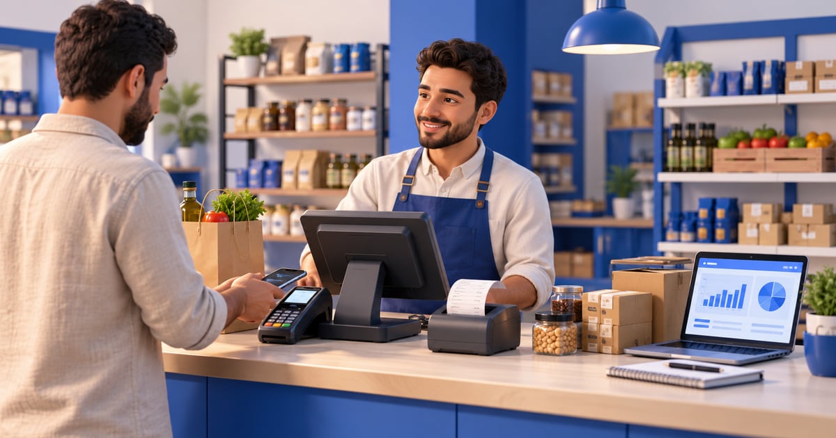 3D scene illustrating Billing Software in Iraq: POS Invoices, Payments and Reports and its day-to-day business workflow