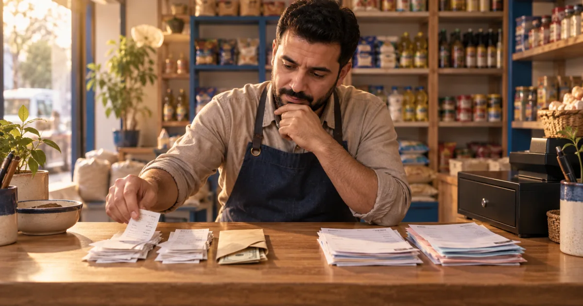 صاحب محل عراقي يراجع التدفق النقدي بمقارنة المقبوضات ومدفوعات الموردين