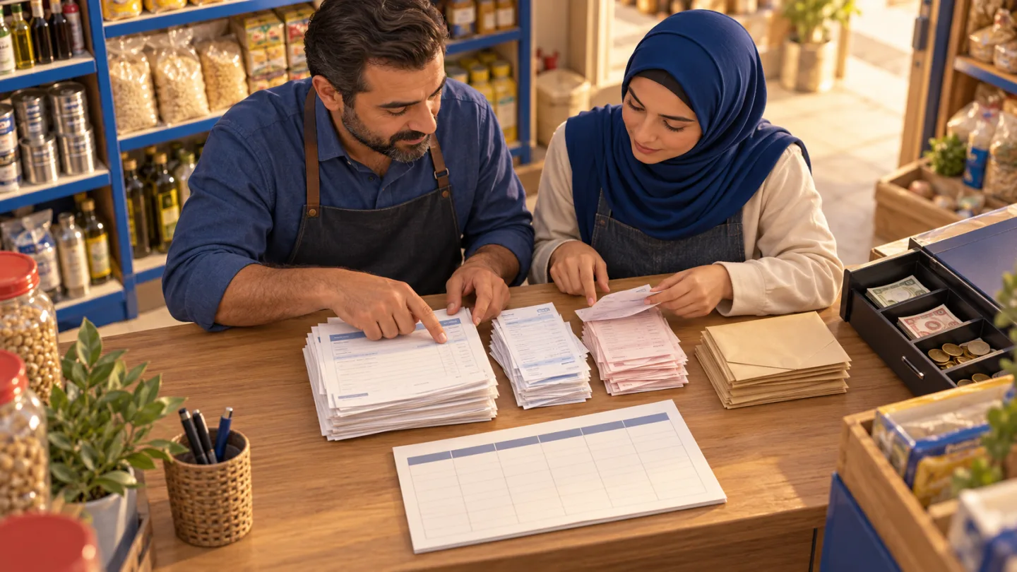 فريق محل يراجع التدفق النقدي عبر فواتير الموردين وسجلات المقبوضات