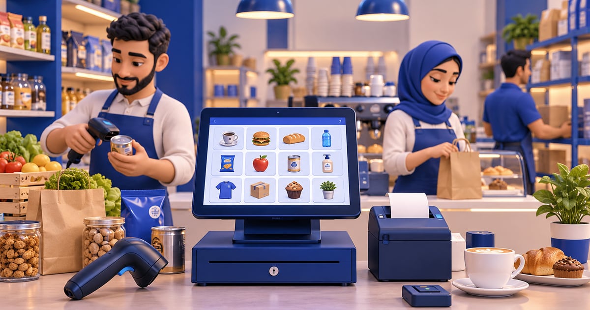 3D scene illustrating Cashier Software in Iraq: POS, Inventory and Offline Sales and its day-to-day business workflow