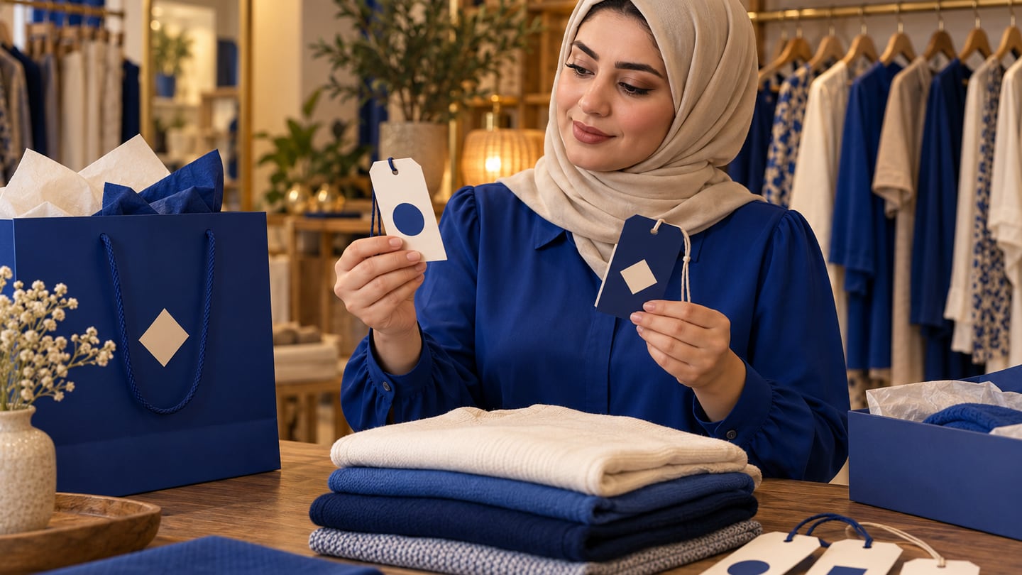 صاحبة بوتيك تقارن بطاقات تعليق بجانب ملابس مطوية وكيس تسوق متناسق