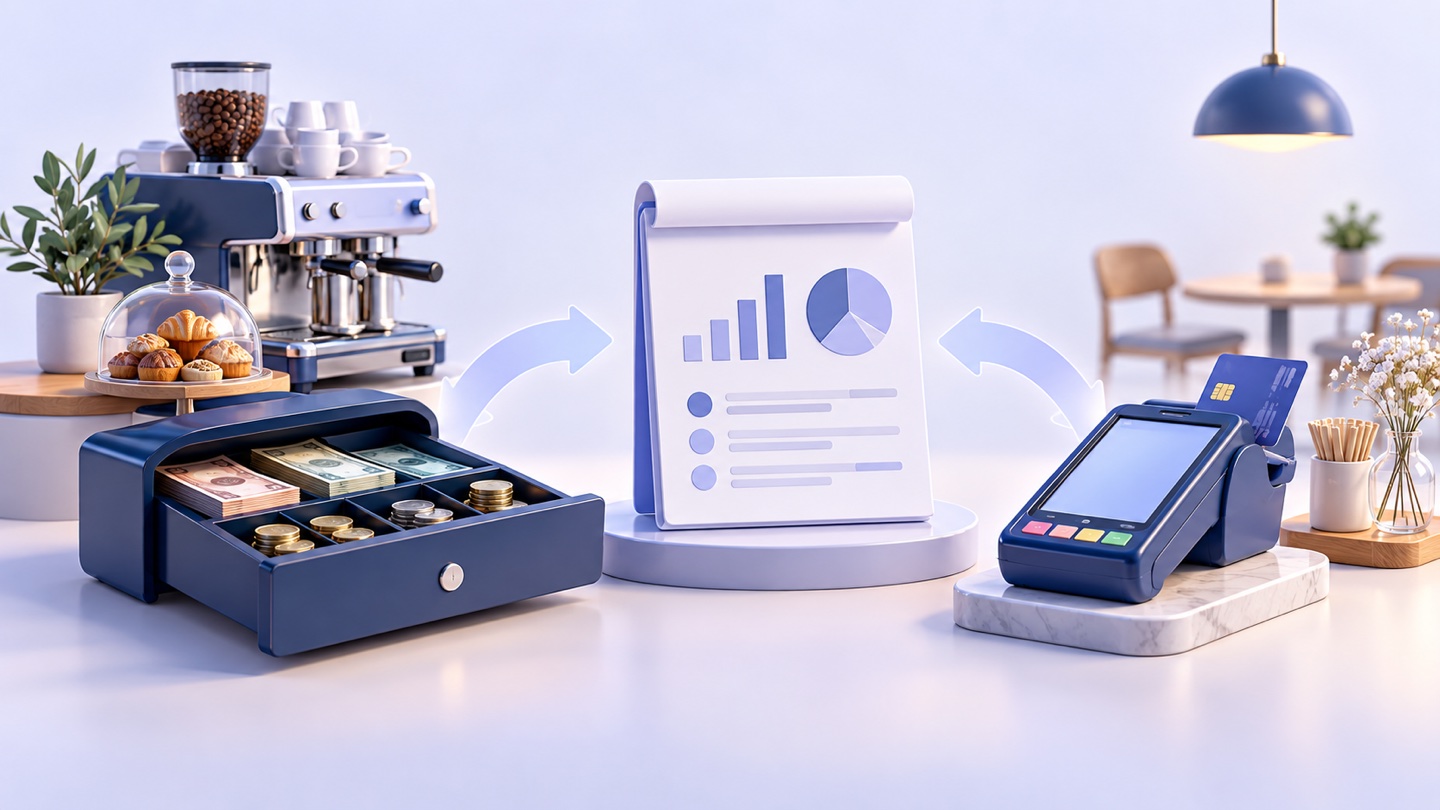 3D illustration of cafe POS cash and card sales entering one daily accounting summary