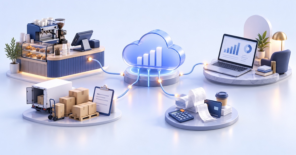 3D illustration of cloud accounting dashboard connecting cafe POS sales, purchase bills, expenses and owner laptop