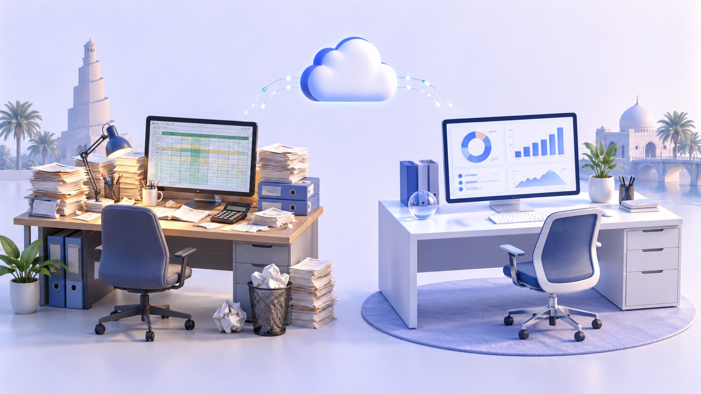 3D illustration of two desks comparing manual spreadsheet records with a connected cloud accounting report