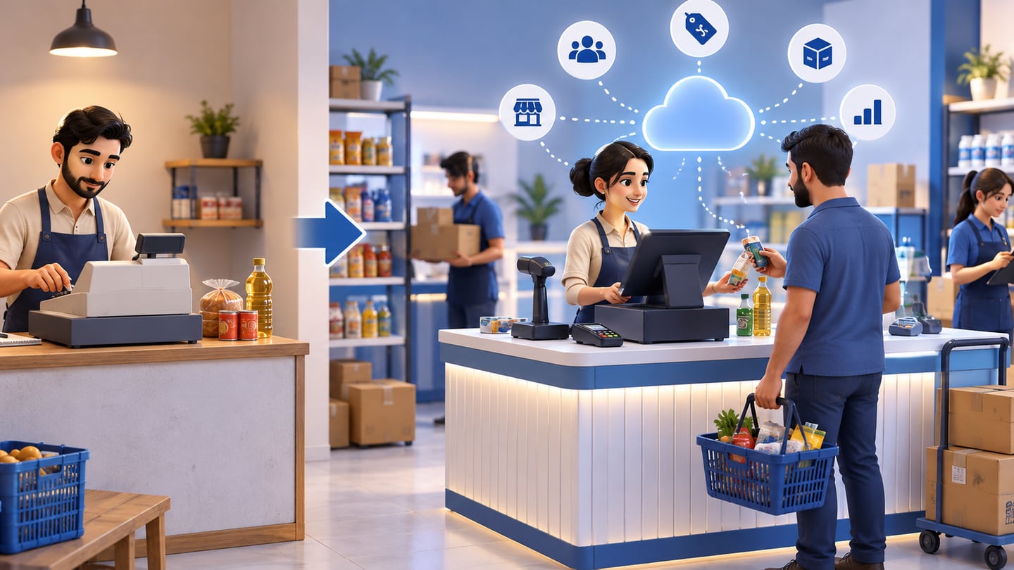 3D illustration of cloud cashier vs traditional cashier system for Cloud Cashier Software in Iraq: When Do You Need It?