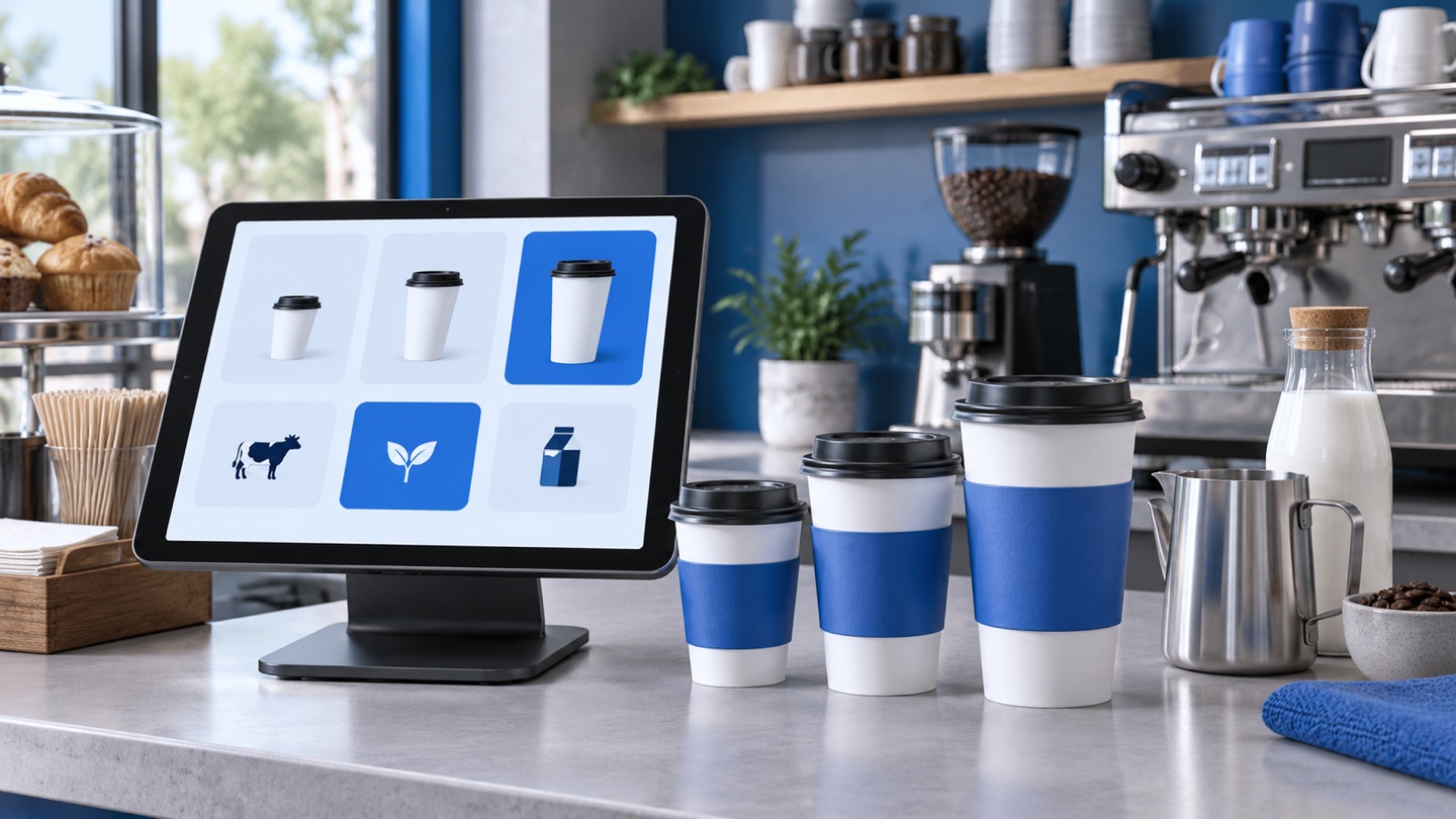 3D illustration of coffee size and milk choices reaching a preparation counter