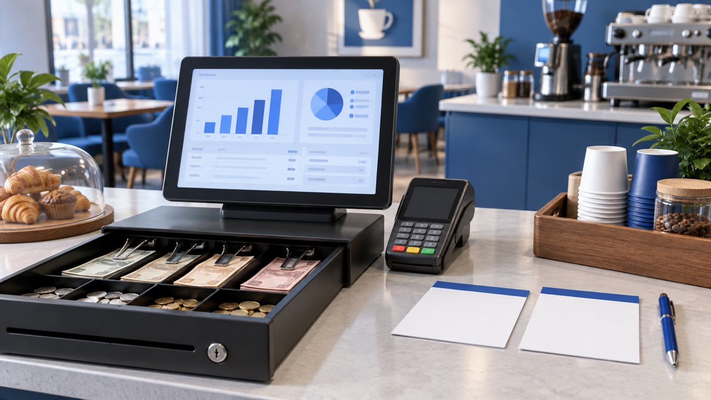 3D illustration of a cafe shift close with cash drawer and payment report