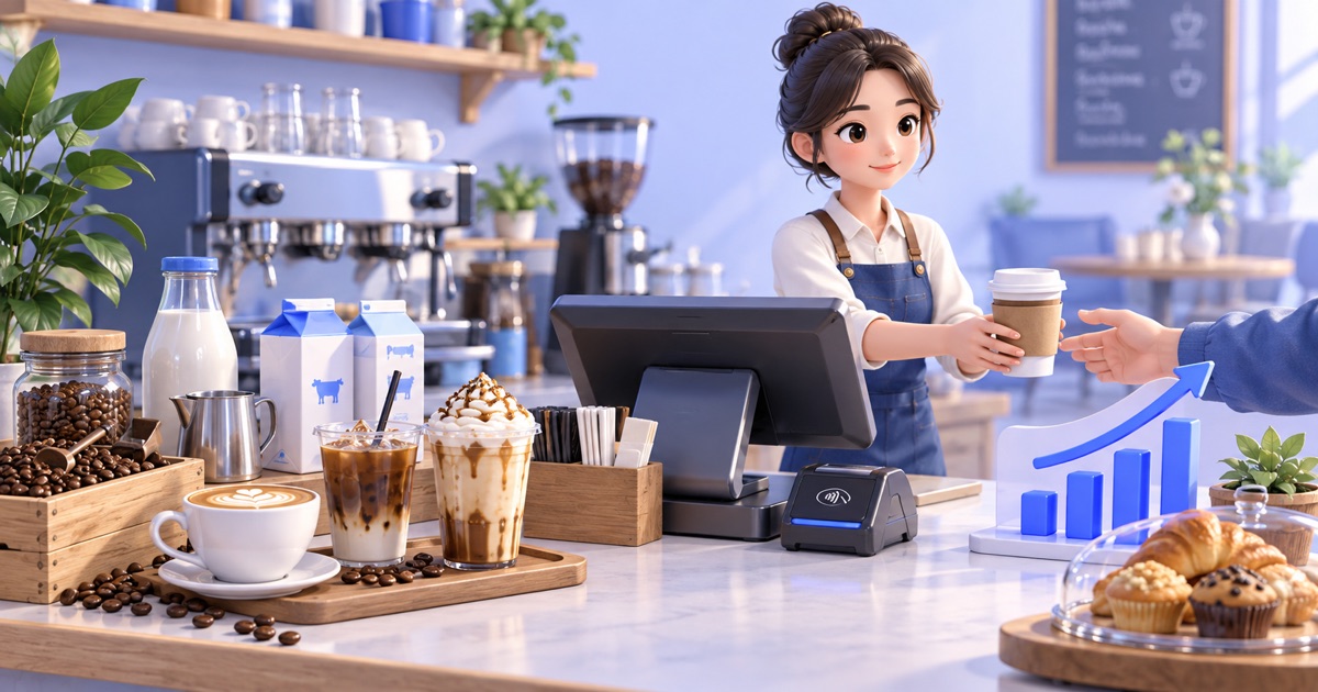 3D coffee shop scene with POS, drinks, coffee beans, milk and sales chart