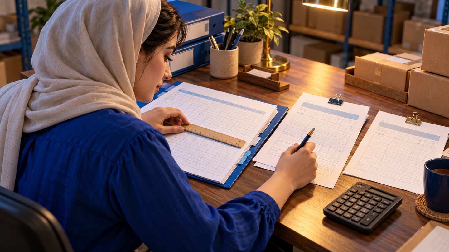 موظفة حسابات تستخدم مسطرة لمقارنة سطر في كشف الحساب بالفواتير وسندات القبض