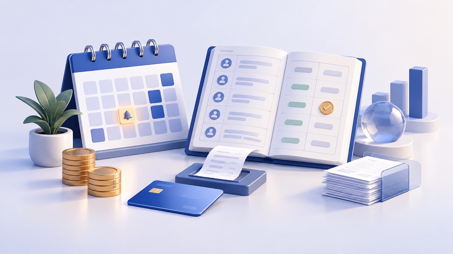 3D illustration of collection follow-up calendar and customer account ledger with recorded payment