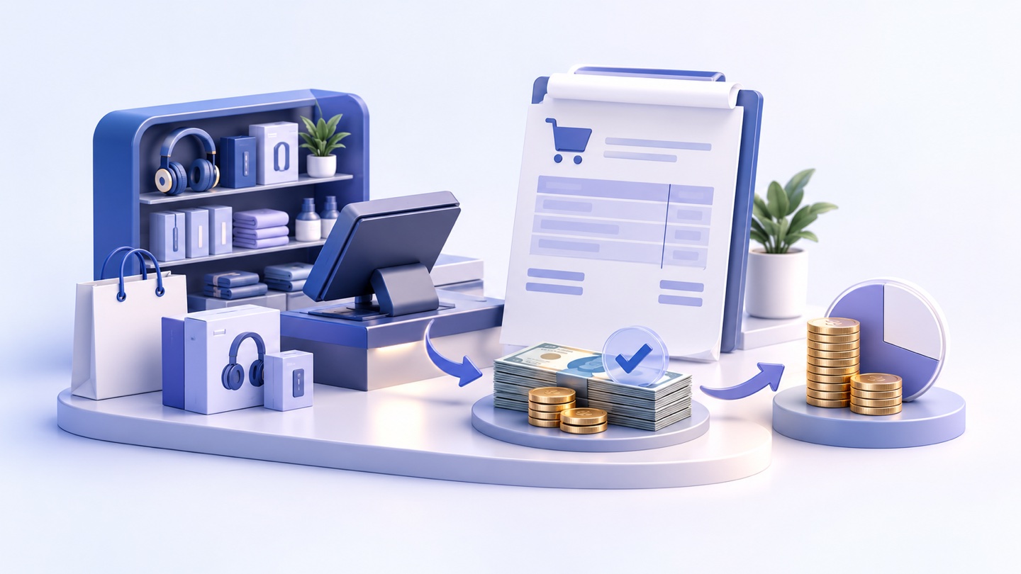 3D illustration of shop sale on customer credit with invoice, accepted partial payment and remaining balance