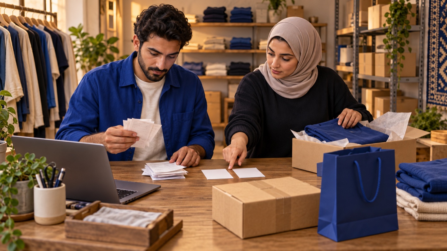 صاحب محل ملابس وزميلته يطابقان إيصالات شراء مكتملة مع طرد توصيل وحقيبة المحل