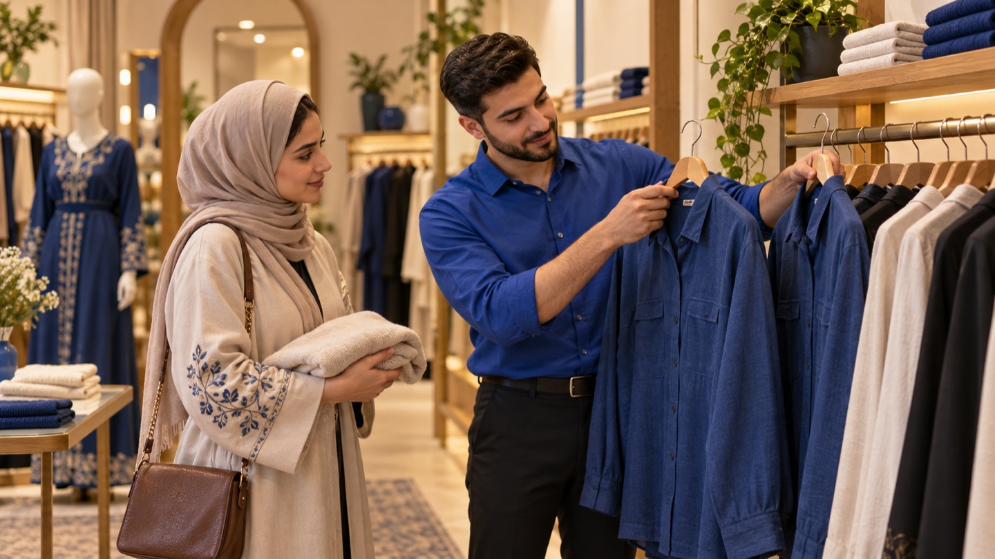 موظف محل ملابس يساعد زبونة عائدة في العثور على المقاس المناسب قرب رف الملابس