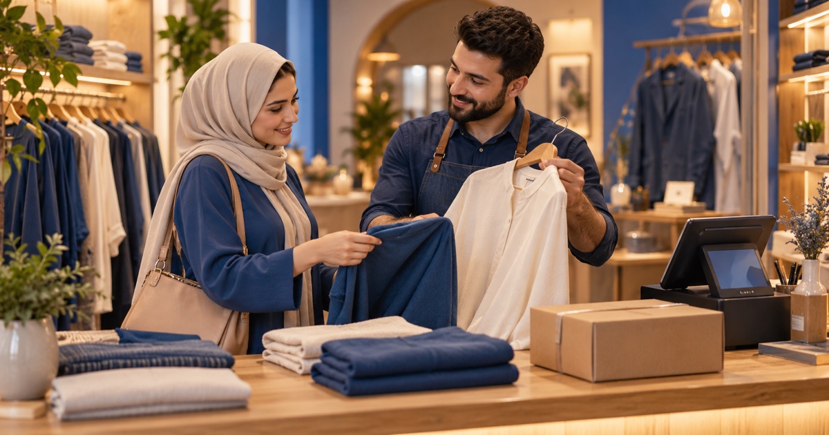زبونة عائدة تناقش قطع الملابس مع صاحب المحل قرب طاولة الدفع