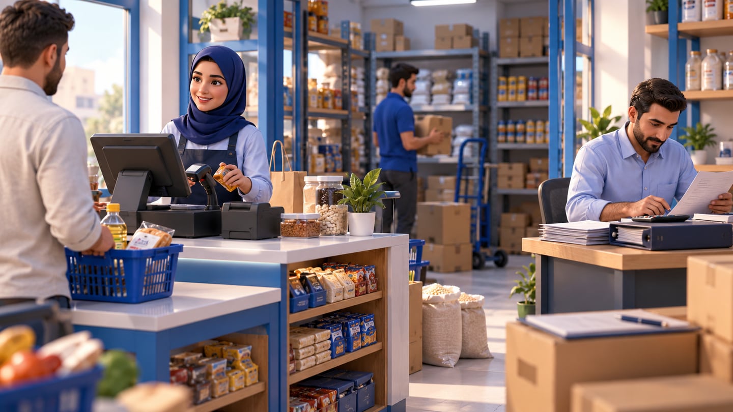 رسم ثلاثي الأبعاد يوضح نظام يبدأ من POS أم ERP؟ في بديل دفترة وأودو في العراق: كاشير ومحاسبة ومخزون