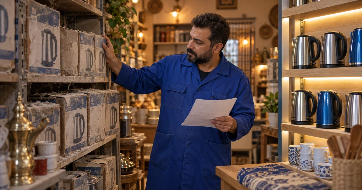 صاحب محل للأدوات المنزلية يقارن علب غلايات لم تُبع مع البضاعة المعروضة وورقة الجرد