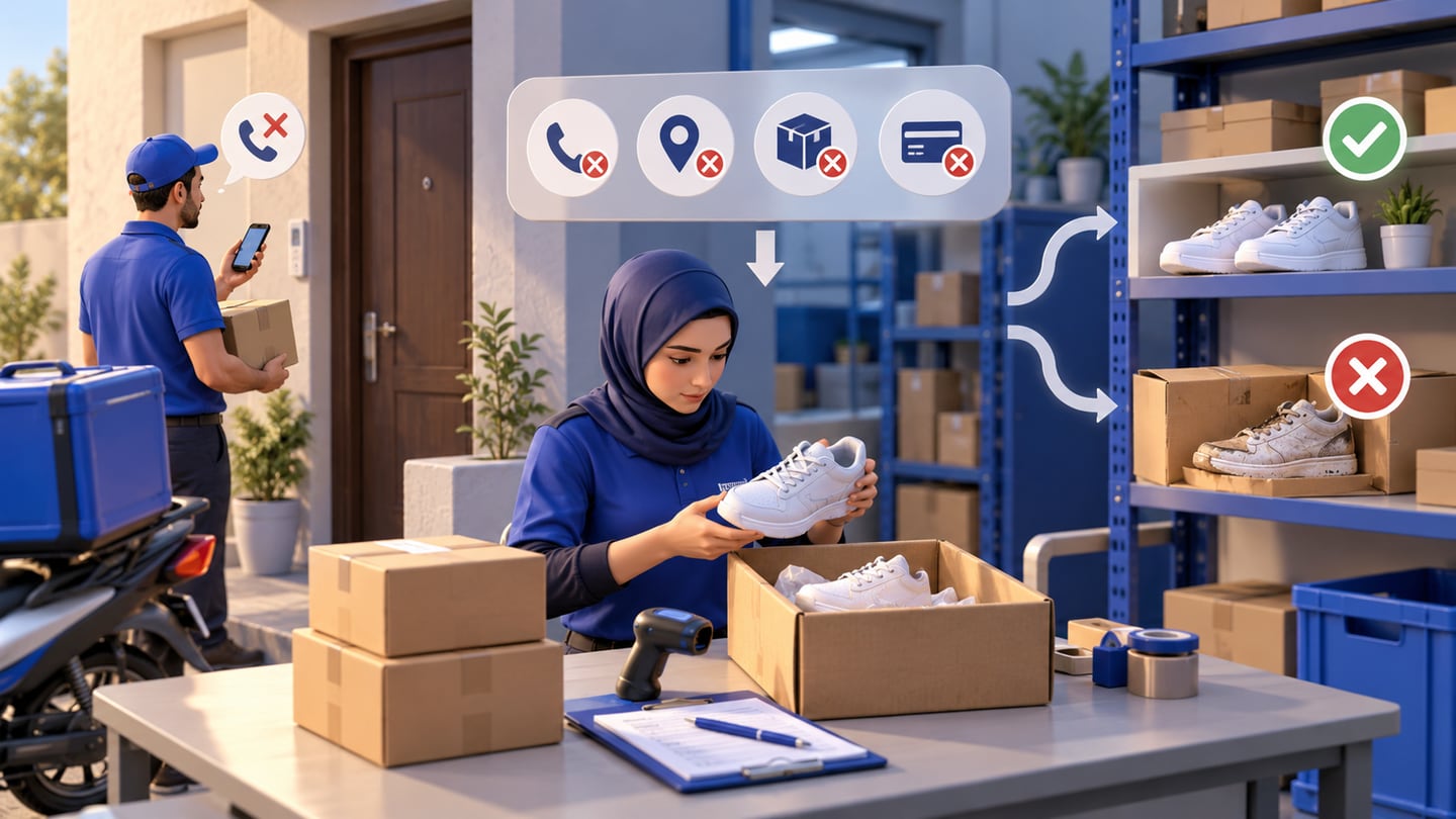 رسم ثلاثي الأبعاد يوضح الإرجاع وفشل التوصيل في خدمة توصيل للمتجر الإلكتروني في العراق: سير الطلبات مع الكاشير والمخزون
