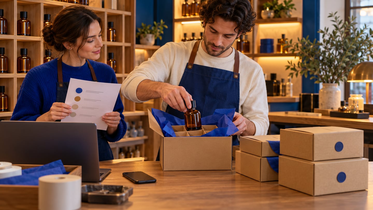Assistant placing a fragrance bottle into protective parcel packaging while a colleague checks the order