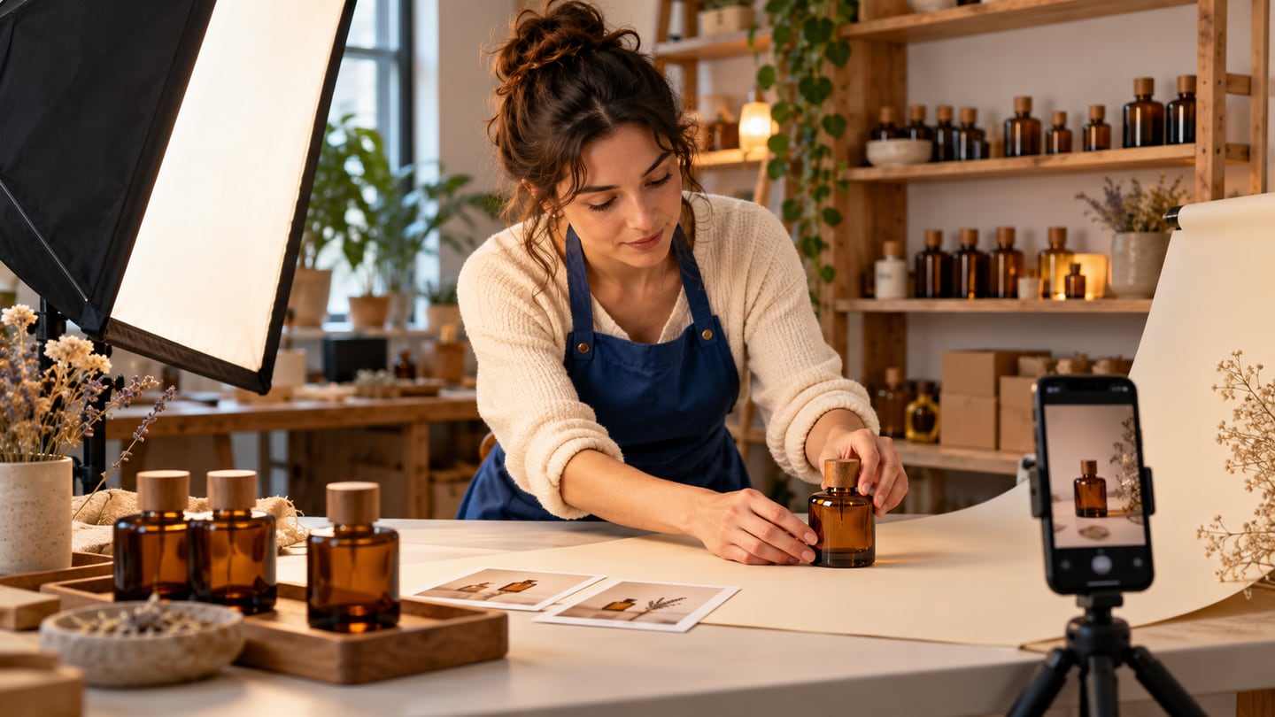 Shop owner arranging an amber fragrance bottle for a smartphone photo with matching stock behind her