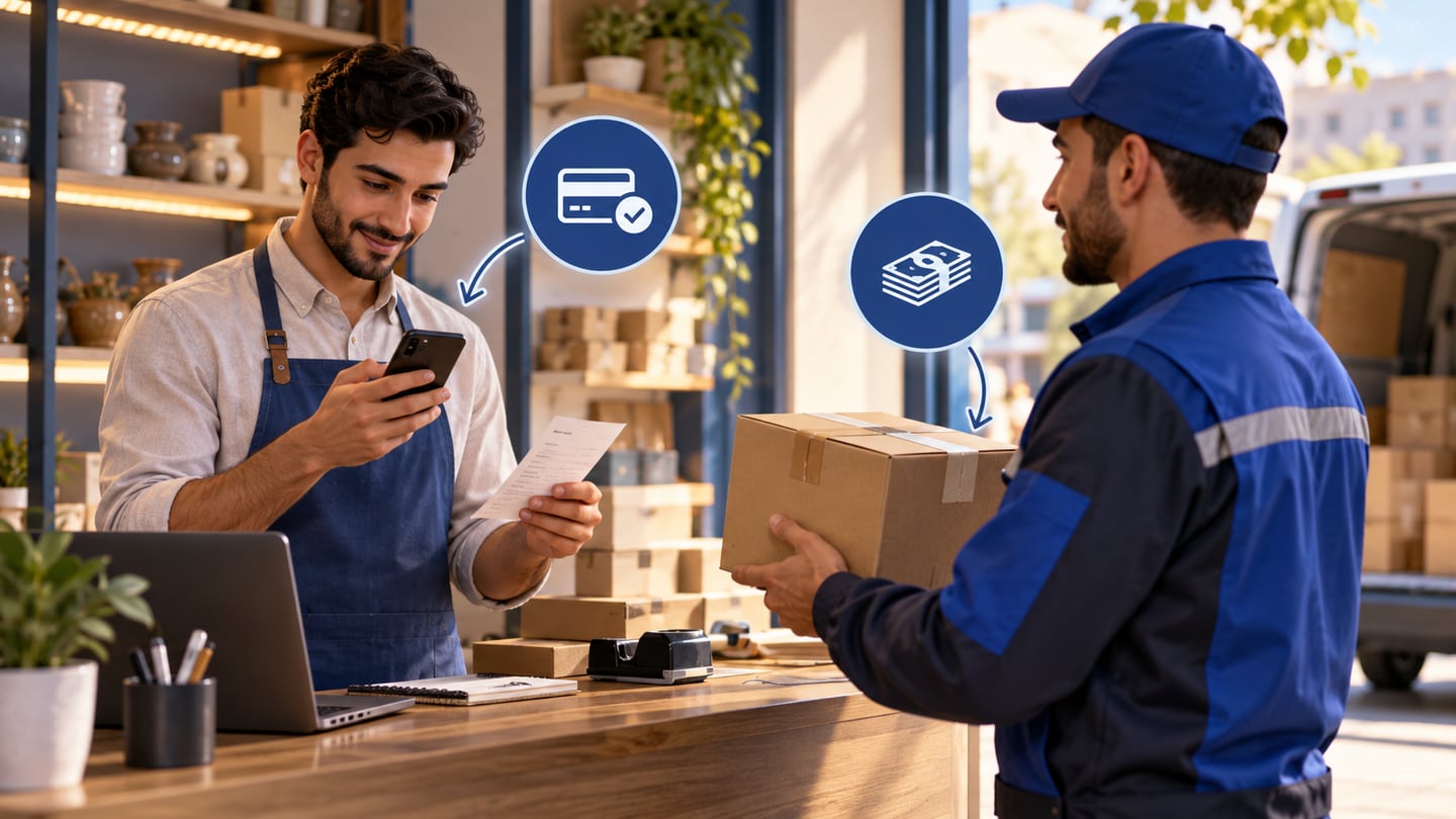 Shop employee coordinates payment and delivery options for online orders
