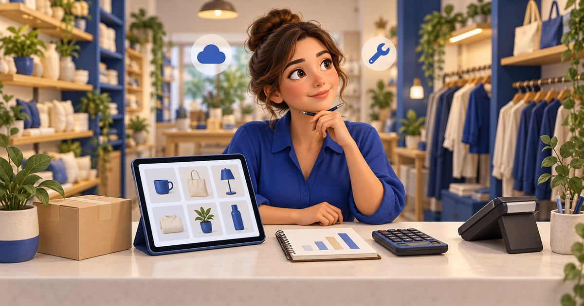 Shop owner planning an online store budget with a product tablet, calculator, notebook, parcel and POS terminal