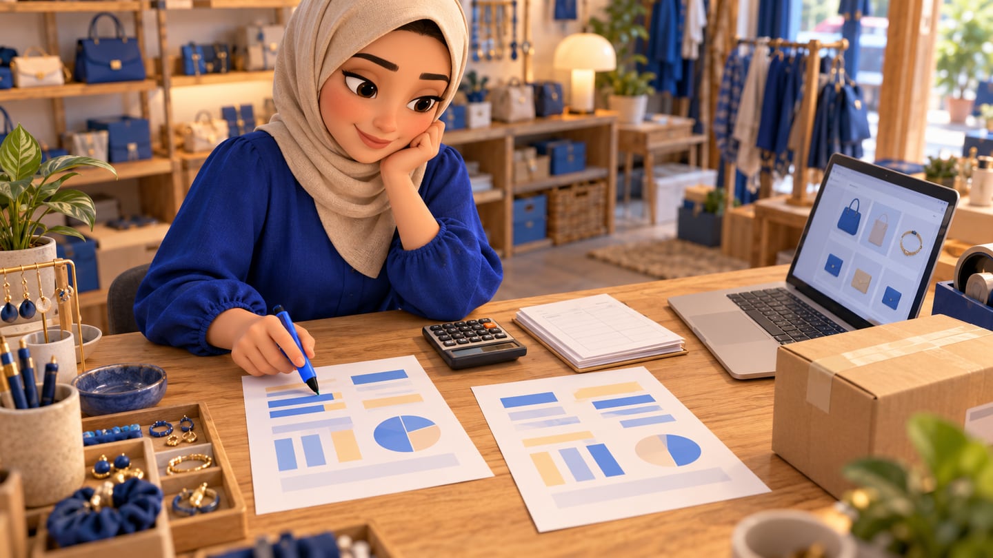 Shop owner in a headscarf comparing two ecommerce proposals with a blue pen, calculator, laptop and parcel