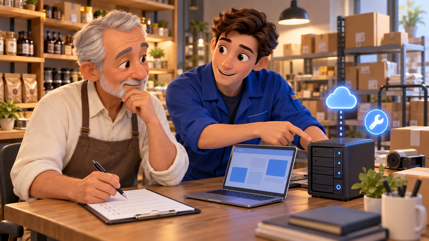Merchant and technician reviewing hosting and maintenance with a laptop, server and checklist in a shop back office