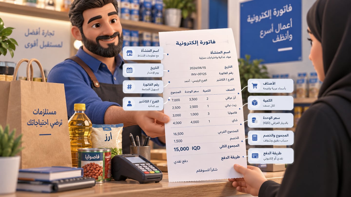 رسم ثلاثي الأبعاد يوضح ماذا يجب أن تحتوي الفاتورة العملية؟ في الفاتورة الالكترونية في العراق: فوترة أسرع وسجلات أوضح