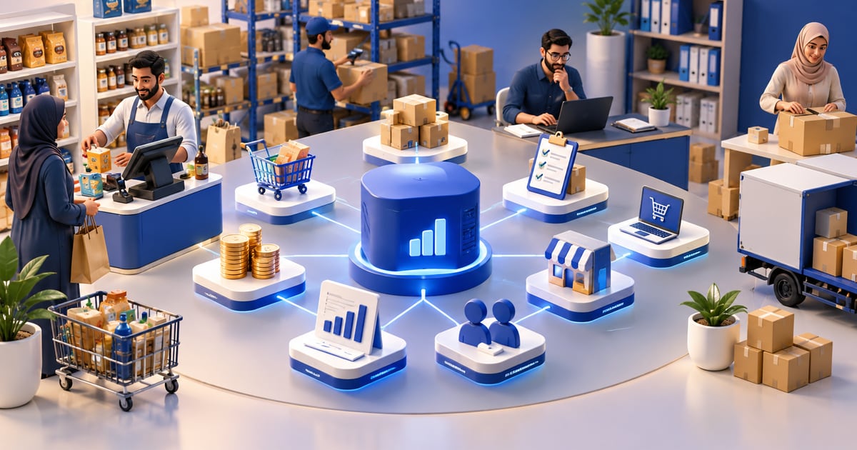 3D scene illustrating ERP for Small Business in Iraq: POS, Stock and Reports and its day-to-day business workflow