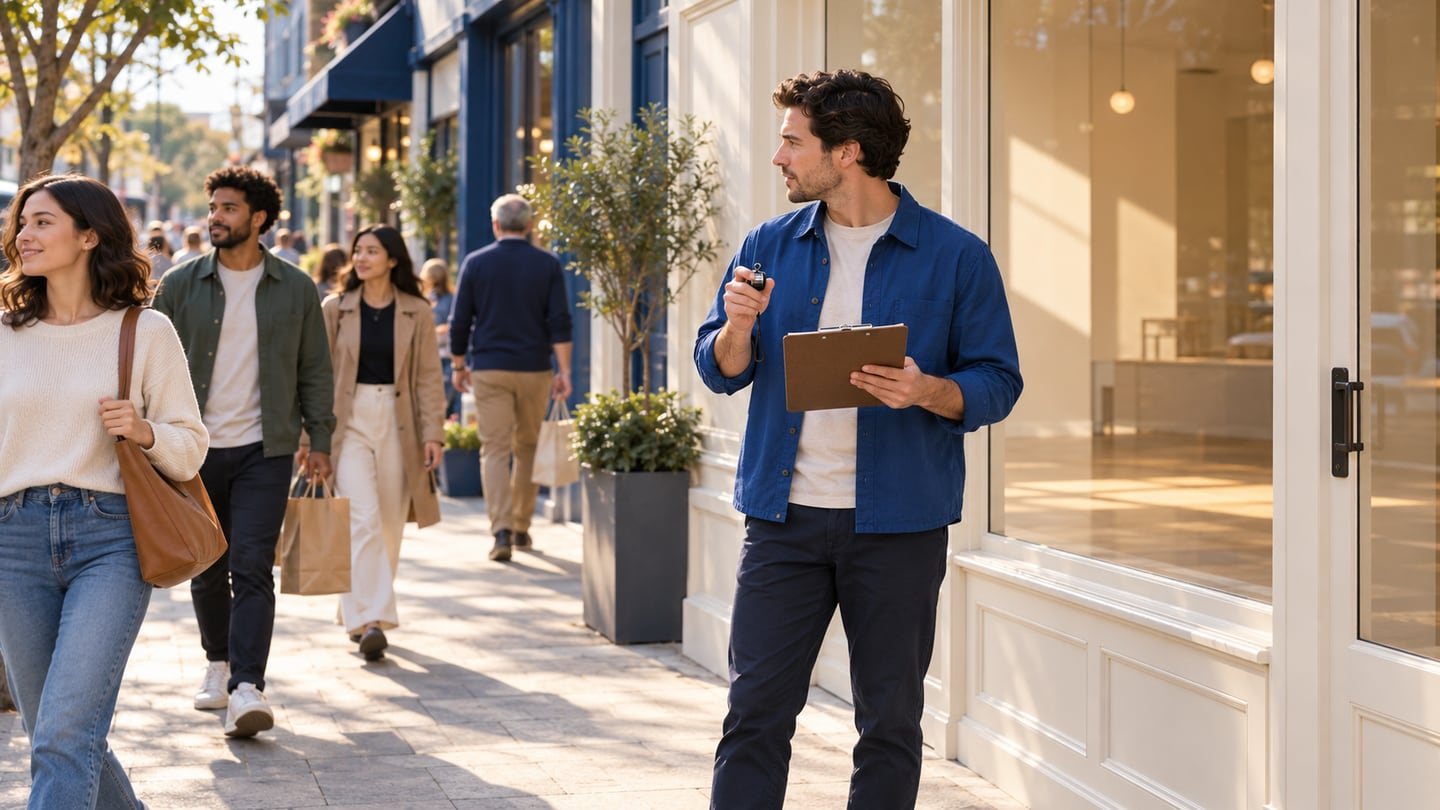 Shop planner observing pedestrians with a tally counter and clipboard outside a vacant storefront