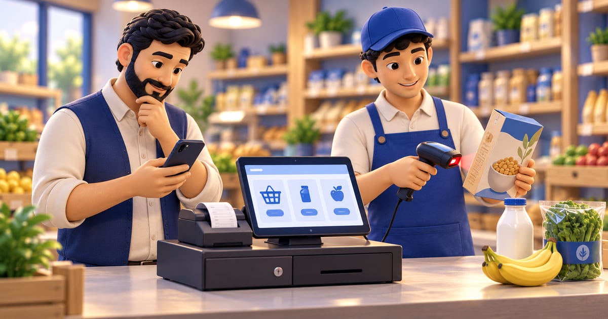 Grocery owner compares a phone app with a POS station while an employee tests a barcode scan