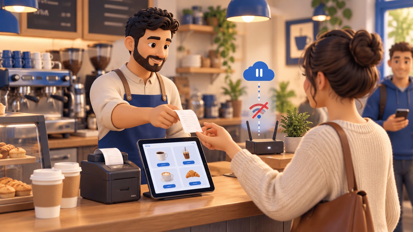 Café cashier hands a customer a printed receipt beside a POS tablet and router with offline and paused-sync symbols
