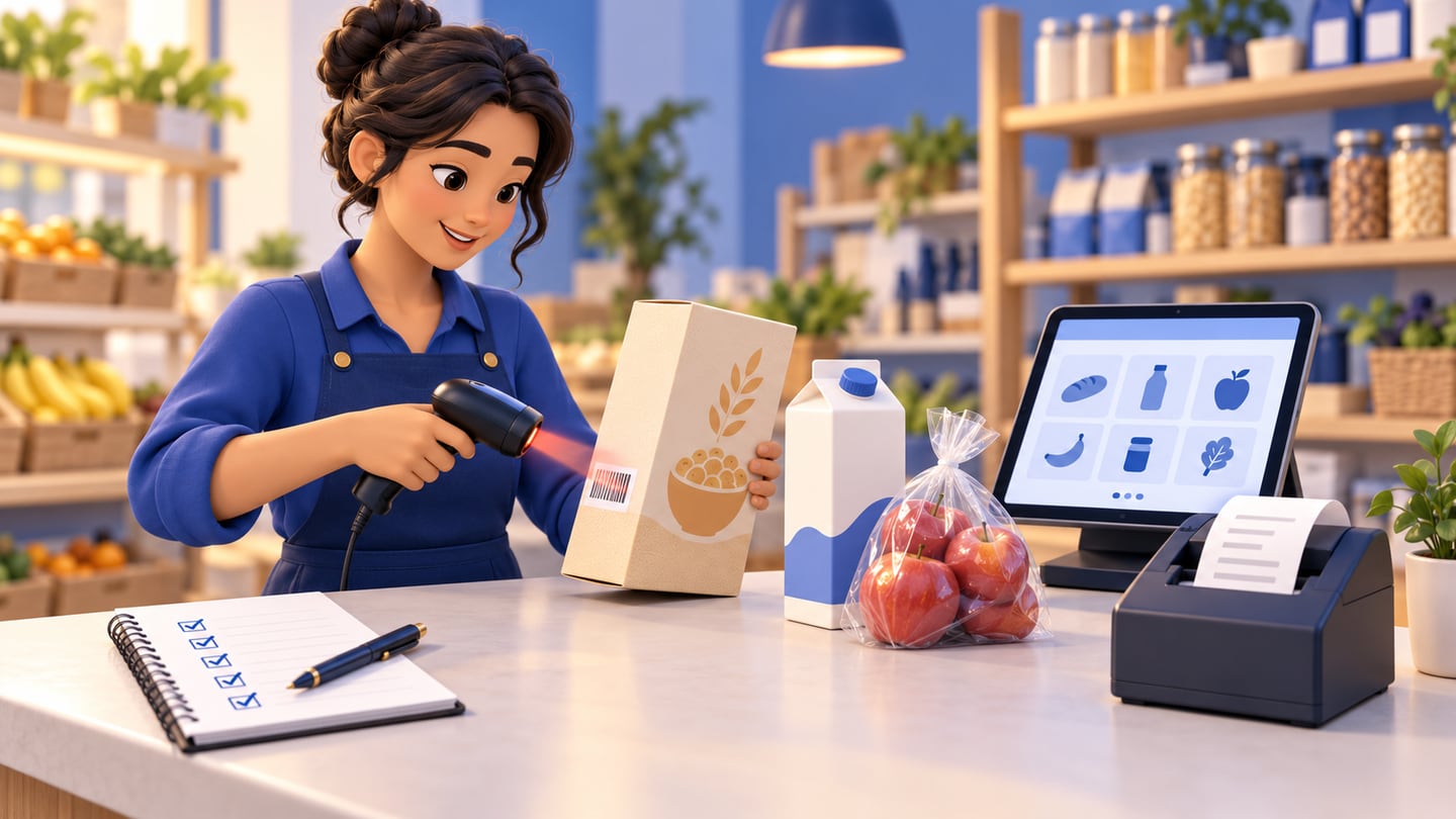Shop owner tests a barcode scanner with grocery products beside a POS tablet, printed receipt, and checklist
