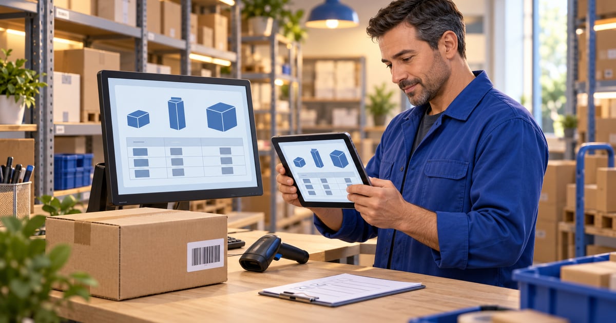 Stockroom supervisor compares product records on a desktop screen and tablet beside a barcode scanner and carton
