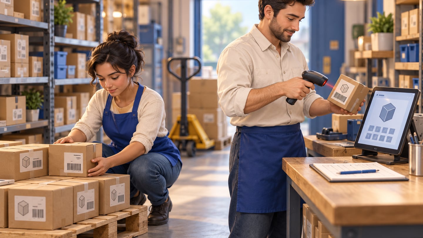 Stockroom staff count cartons and scan a box barcode beside a tablet and paper tally sheet