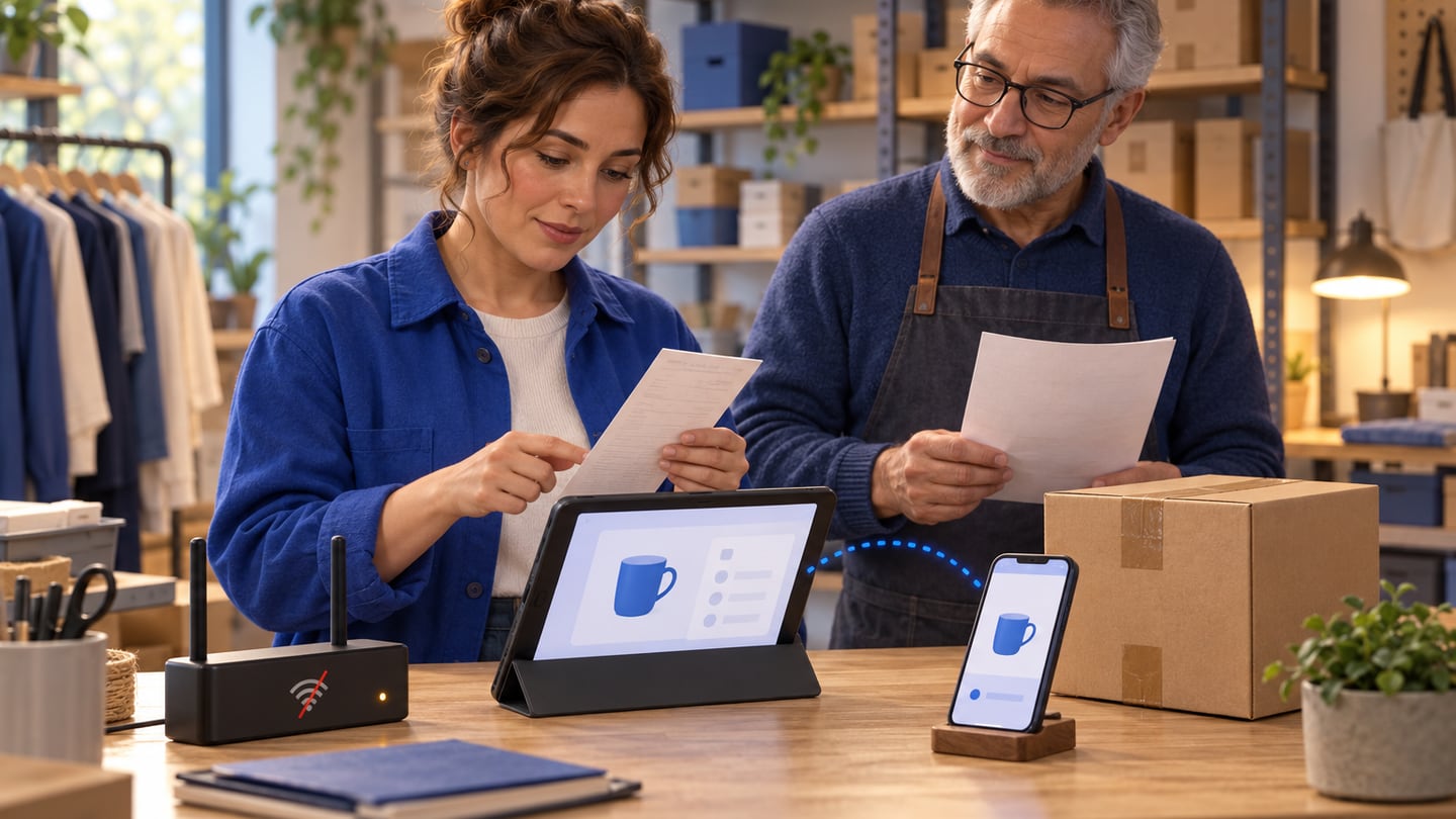 Shop supervisor and stock colleague check receipts beside a POS tablet, phone, transfer carton, and offline router symbol